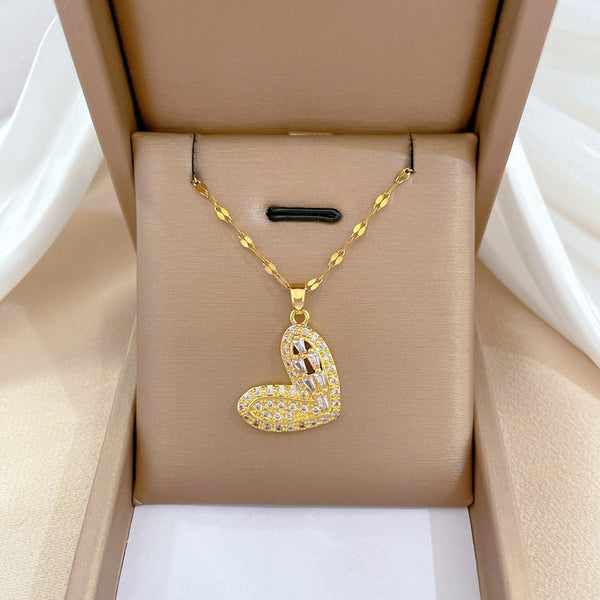 Gold Color Full Zirconia Hollow Heart Pendant Necklace For Women