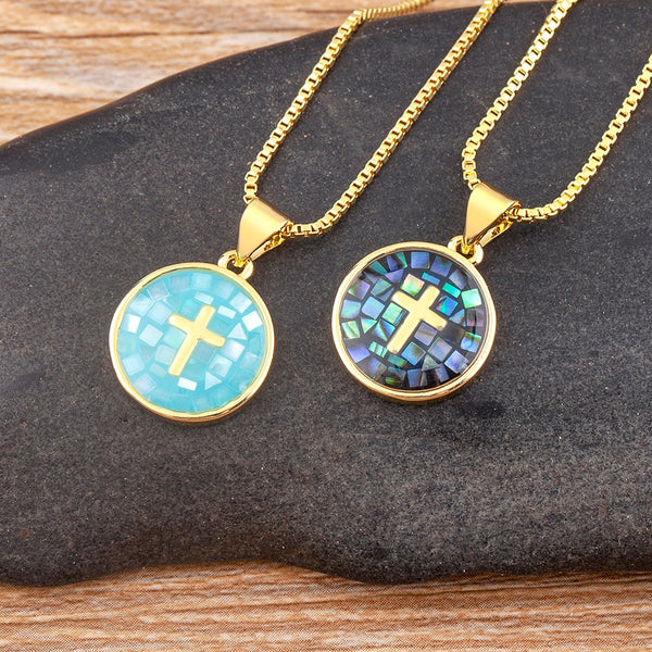 Fashion Female Cross Pendants Shell 6 Colors Gold Plated Jesus Chain Necklace