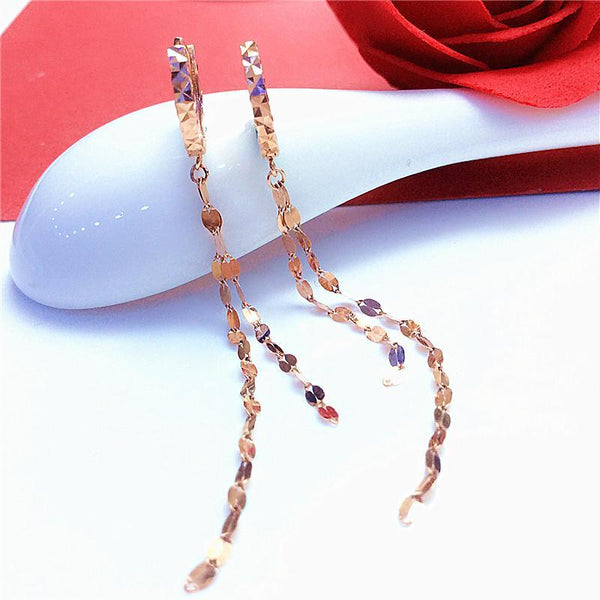 Classic 585 purple gold jewelry 14K rose gold tassel chains earrings for women