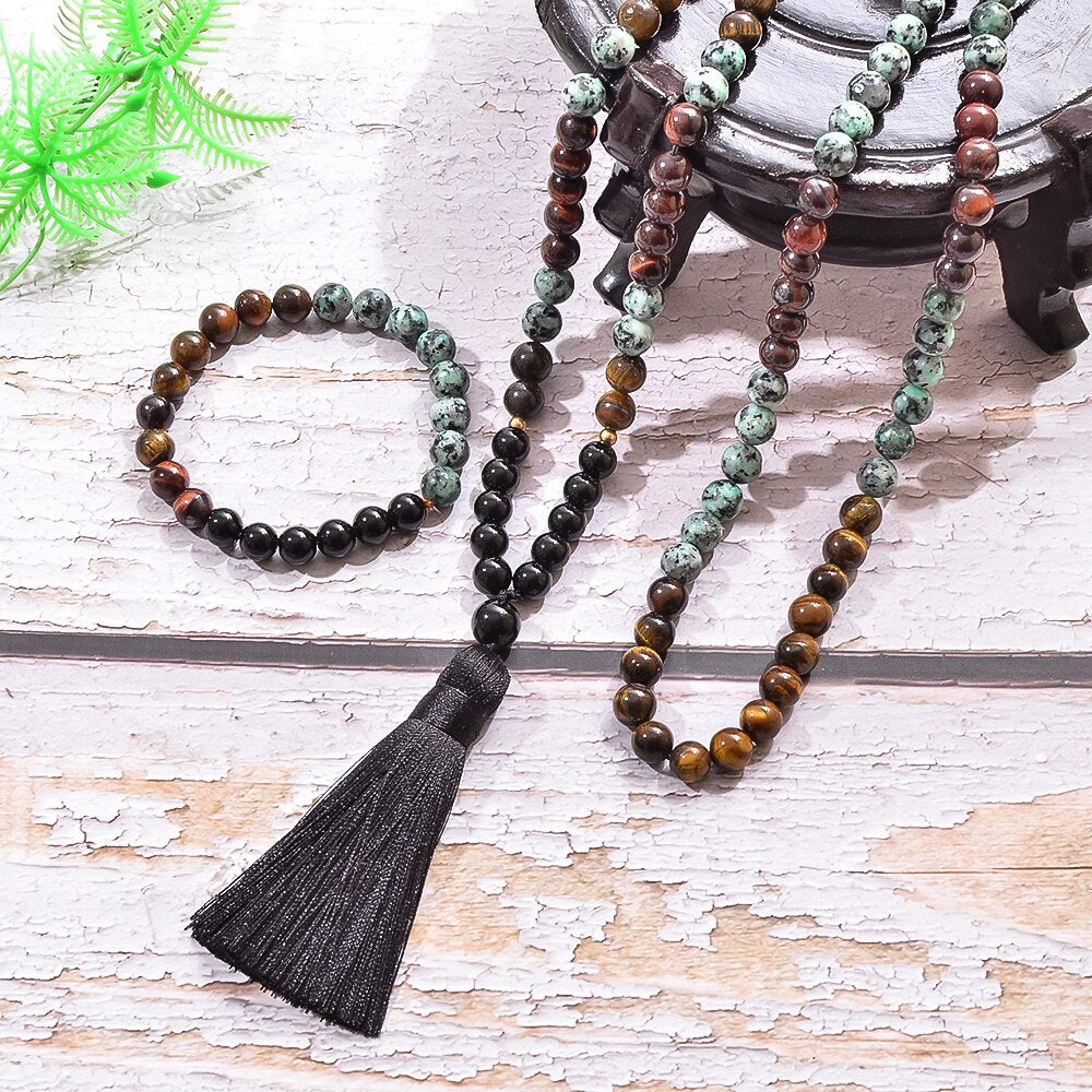 8mm African Turquoise Tiger Eye Stone Black Onyx Beaded 108 Mala Necklace Bracelet Set