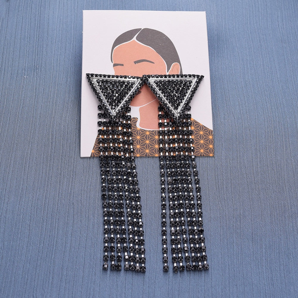 11.8cm Exaggerated triangular metal rhinestones tassel big women earrings