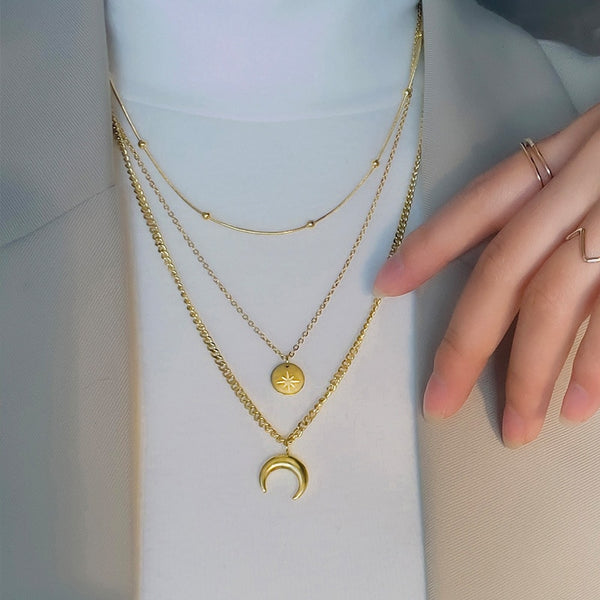 Fashion Upscale Jewelry 3 Layer Moon Stars Charms Thick Chain Choker Necklaces Pendants For Women