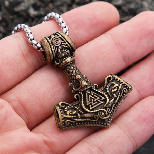 Vintage Viking Thor's Hammer Pendant Necklace For Men Stainless Steel Nordic Rune Necklace