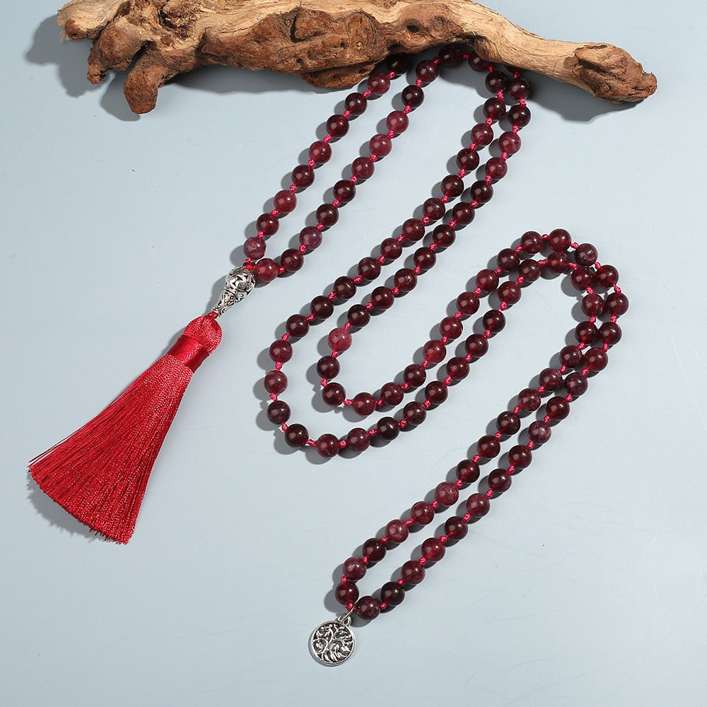 8mm Garnet Beaded Knotted 108 Mala Necklace Meditation Yoga Prayer Rosary Men and Women