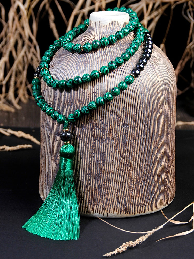 108 malachite stone beads Necklace With Cotton tassel Pendant