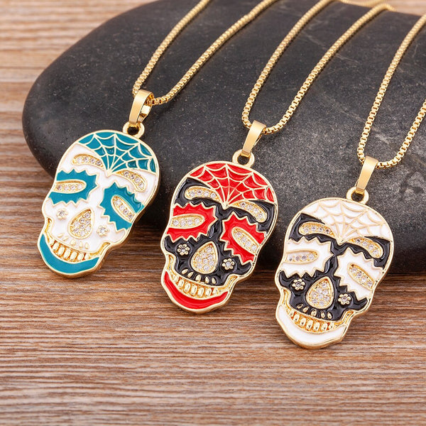 Top Quality Enamel Oil Dripping 3 Colors Skull Cubic Zirconia Relief Necklace Women