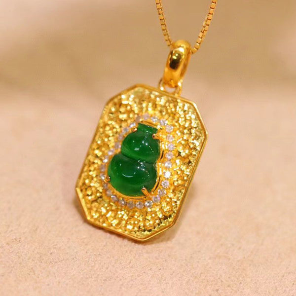 Classic design silver inlay Natural green jade gourd necklace pendant