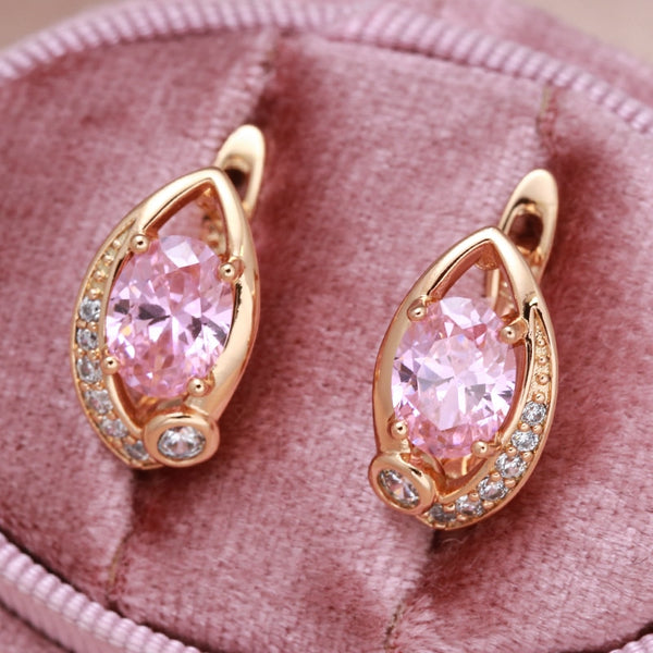 Korean Geometric Oval Pink Natural Zircon Women's Drop Earrings