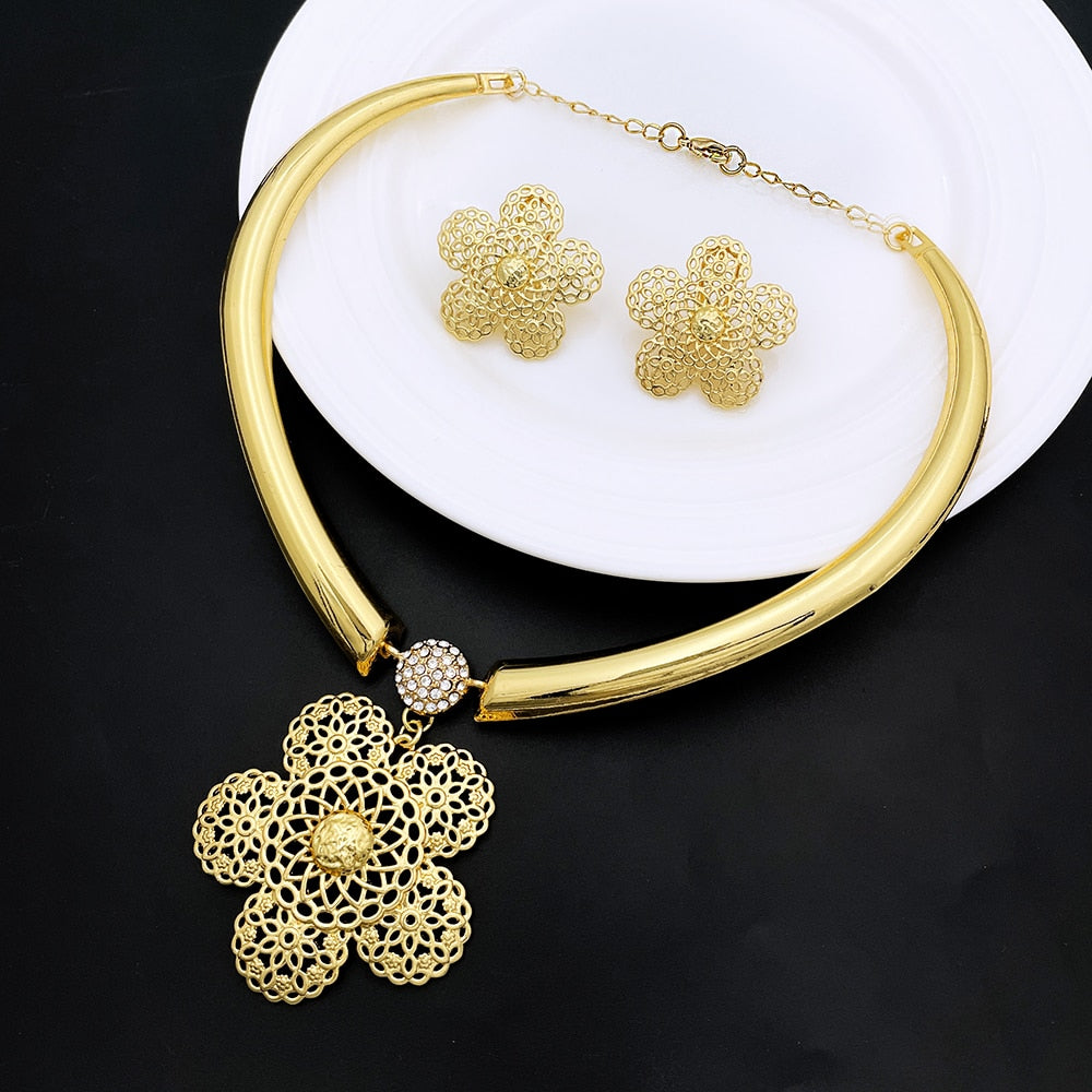 Necklace With Earrings For Women Square Large Pendant Brazilian Gold Jewelry Set