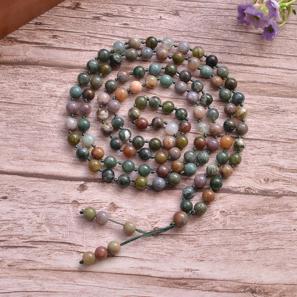 8mm Indian Agate Knotted 108 Mala Prayer Bead Necklace