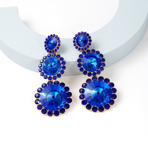 New Luxury Blue Rhinestone Dangle Earrings Statement Long Pendant Round Earrings For Women