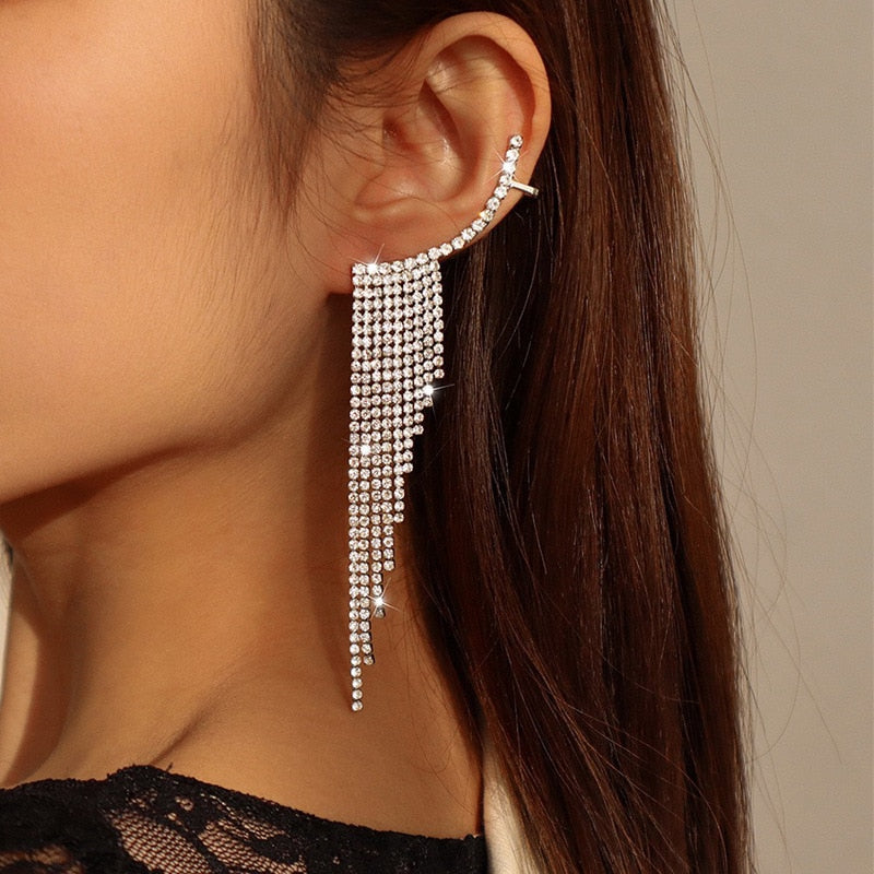 Luxury Crystal Long Tassel Dangle Earrings Long Simple Rhinestone Earrings