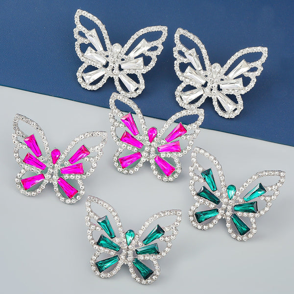 Fashion Metal Cutout Rhinestone Butterfly Earrings Women