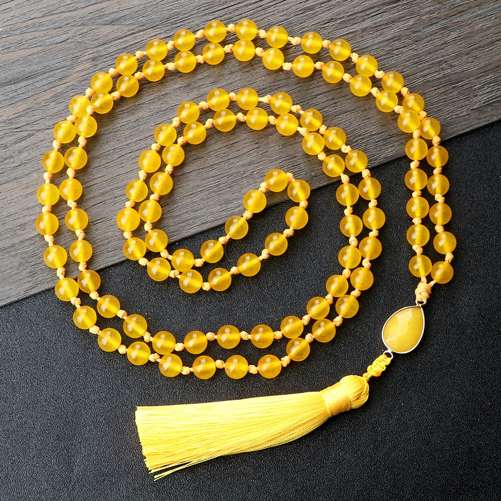 Fashion 108 Mala Natural Yellow Chalcedony Beads Necklaces For Women