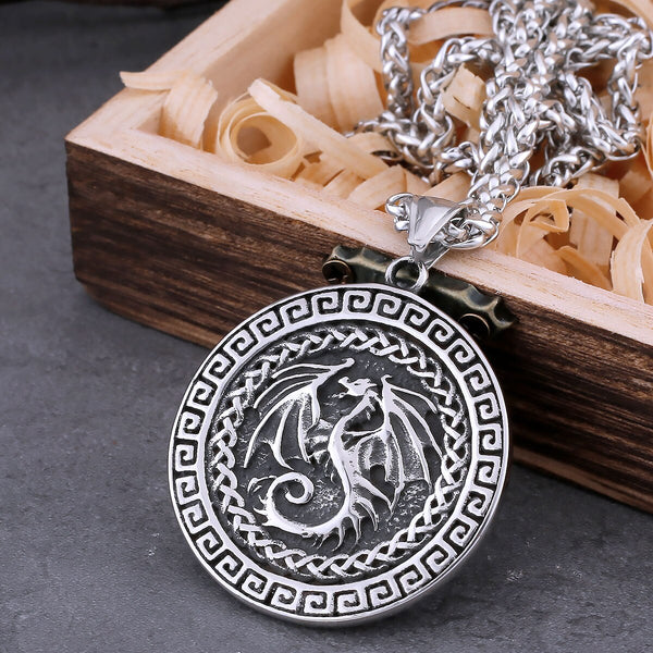 Vintage Viking Dragon Celtic Knot Necklace Stainless Steel Men's Nordic Odin Amulet Pendant