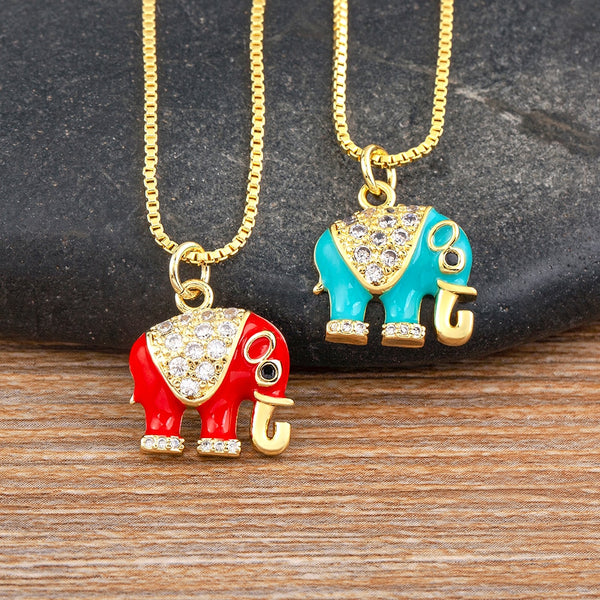 Luxury Cubic Zirconia 6 Colors Elephant Pendant Necklace Gold Plated Chain