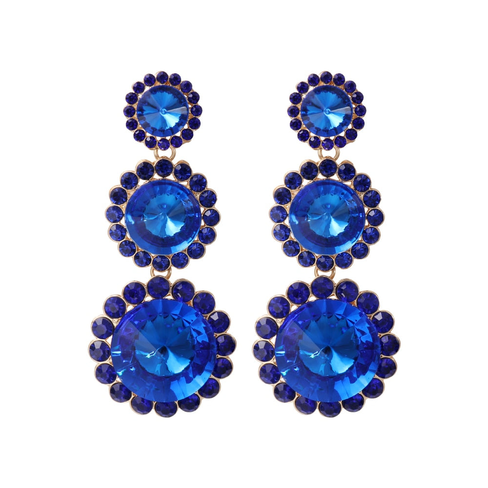 New Luxury Blue Rhinestone Dangle Earrings Statement Long Pendant Round Earrings For Women