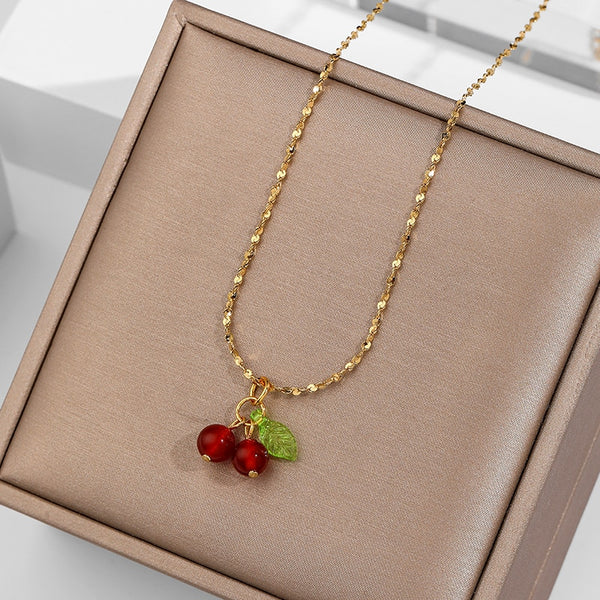 Lovely cherry fruit necklace stainless steel fashion student jewelry necklace