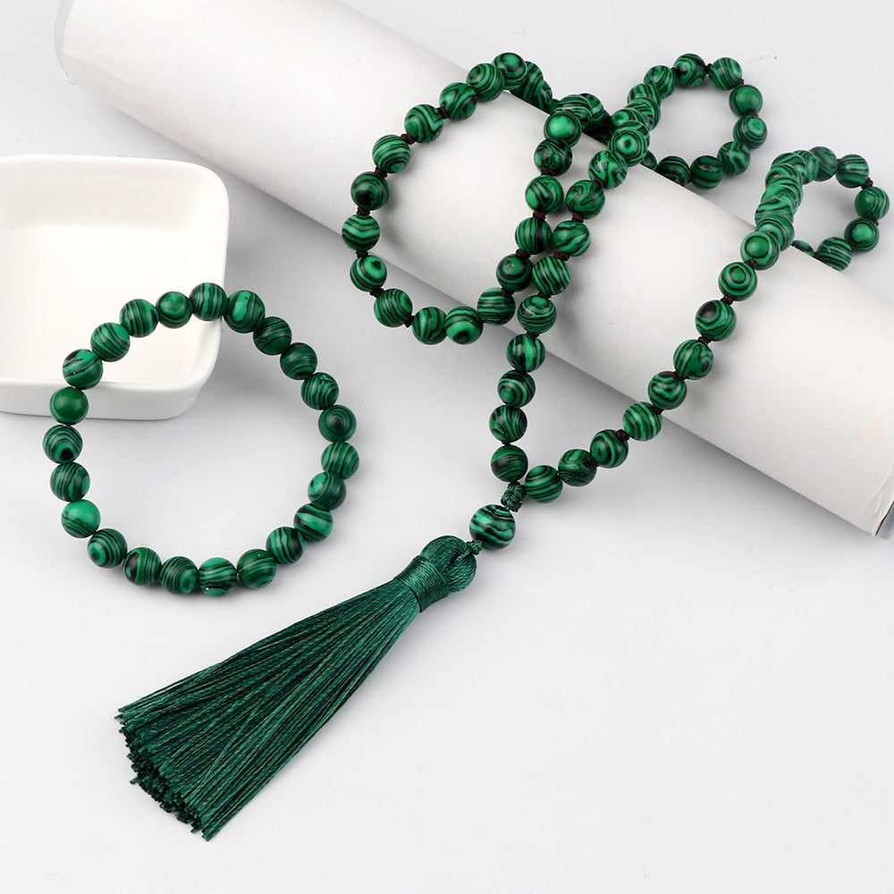 2pcs/set Natural Green Malachite Stone Beads Mala Buddha Prayer Bracelets