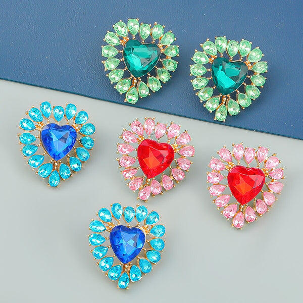 Geometric Metal Rhinestone Heart Earrings Women Exaggerated Pop Stud Earrings