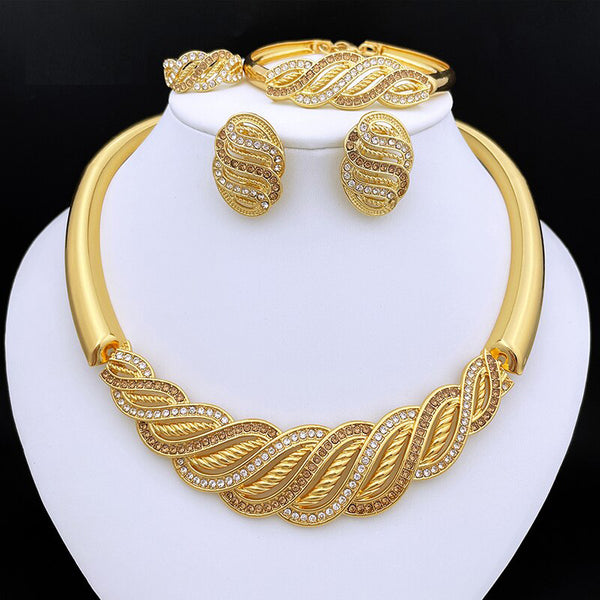 Gold Plated Jewelry Sets Women Necklace Earrings Large Bracelet Wedding Banquet Party Jewelry