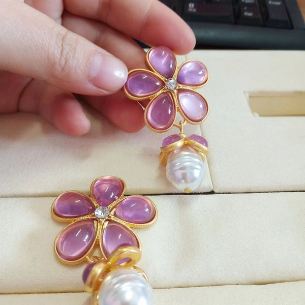 Beautiful Pink Crystal Flower Pearl Drop Earrings For Women