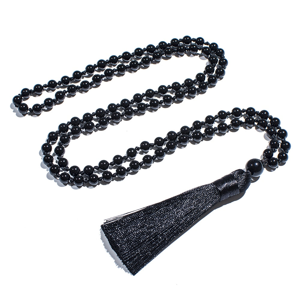 6mm Black Onyx Beaded Knotted 108 Mala Necklace Meditation Yoga Prayer Jewelry