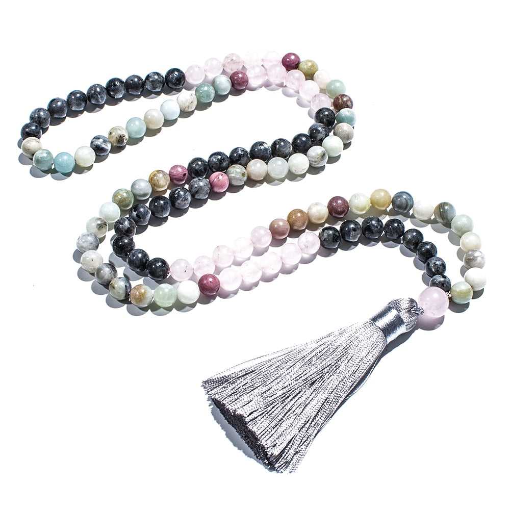 8mm Amazonite Rose Quartz Labradorite Beaded 108 Mala Necklace Set