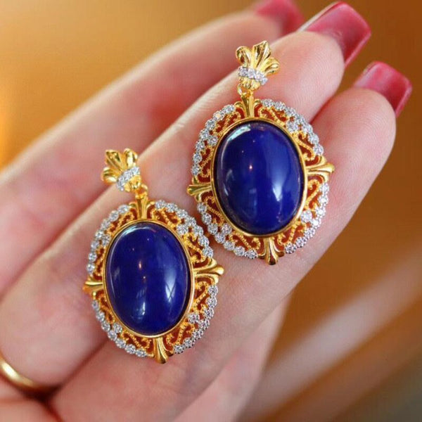 Designer original silver inlaid retro lapis lazuli earrings for women