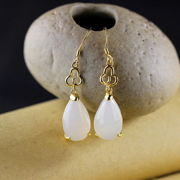 Original design natural Hetian white jade cloud pendant earrings