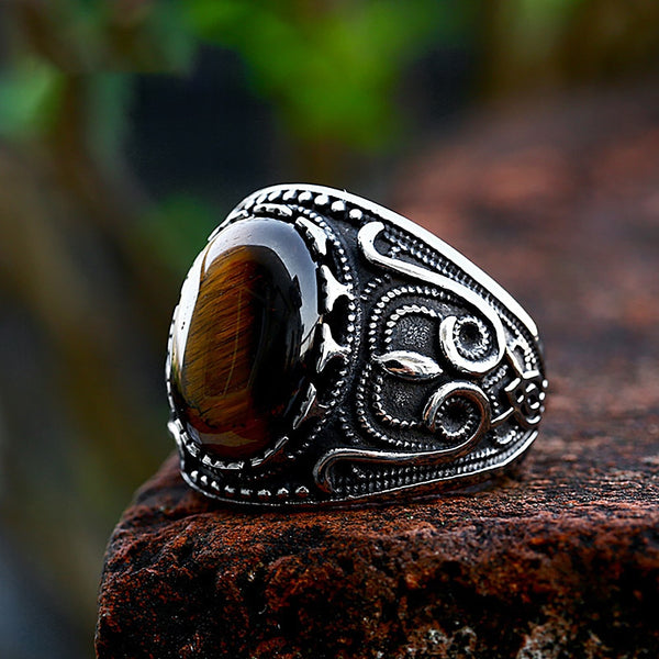 Vintage Stainless Steel Oval Brown Stone Ring For Men Punk Rock Fashion Carved Rings