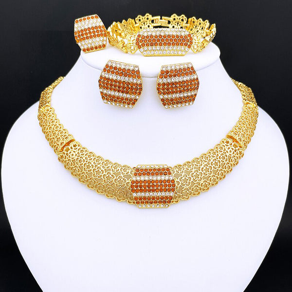 Dubai Gold Color Jewelry Set For Women Large Necklace Square Earrings Big Bracelet