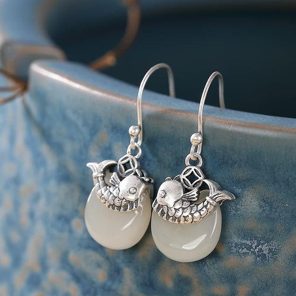 New Natural Hetian White Jade Koi Earrings