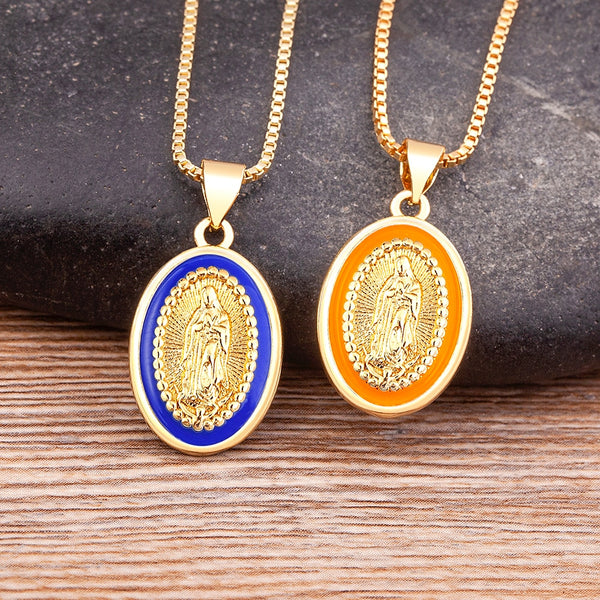 Enamel Christian Virgin Mary Pendant Necklace