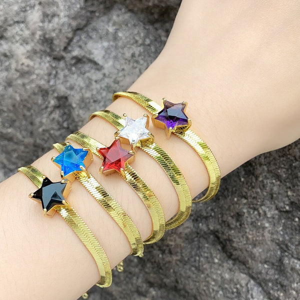 Thick Gold Plated Snake Chain Bracelets for Women Copper CZ Rhinestone Star Bracelets