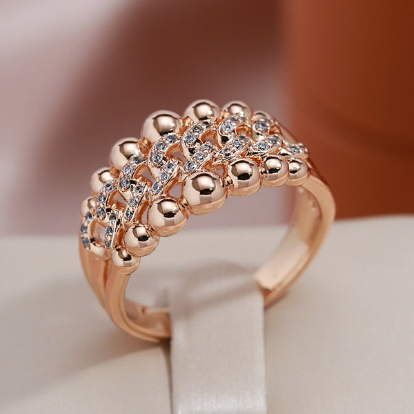 Double Metal Beads 585 Gold Color Chain Full Zircon Rings for Women