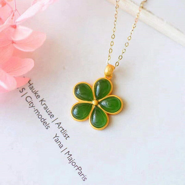 New silver inlaid natural and Qingtian jade drop shaped mosaic flower pendant necklace