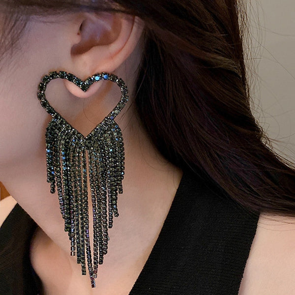 Fashion Long Tassel Rhinestone Drop Earrings for Women Black Heart Crystal Dangle Earrings