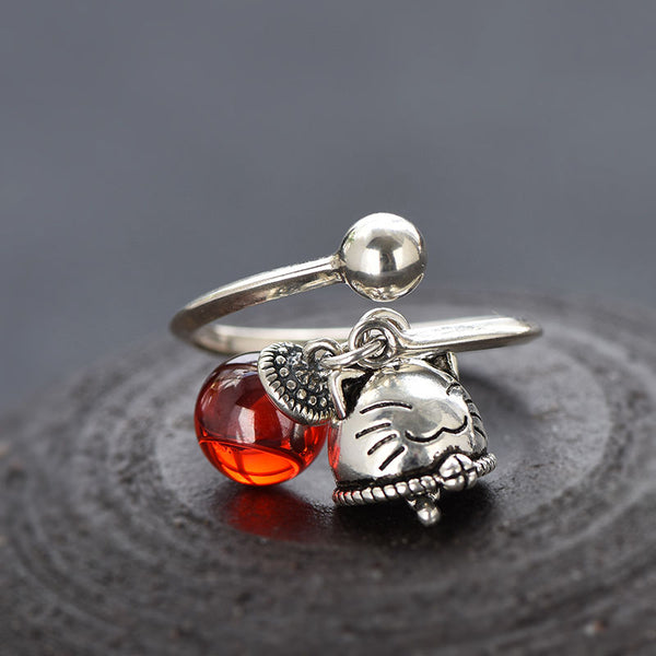 Trendy New Silver Retro Lucky Cat Bell Opening Adjustable Ring