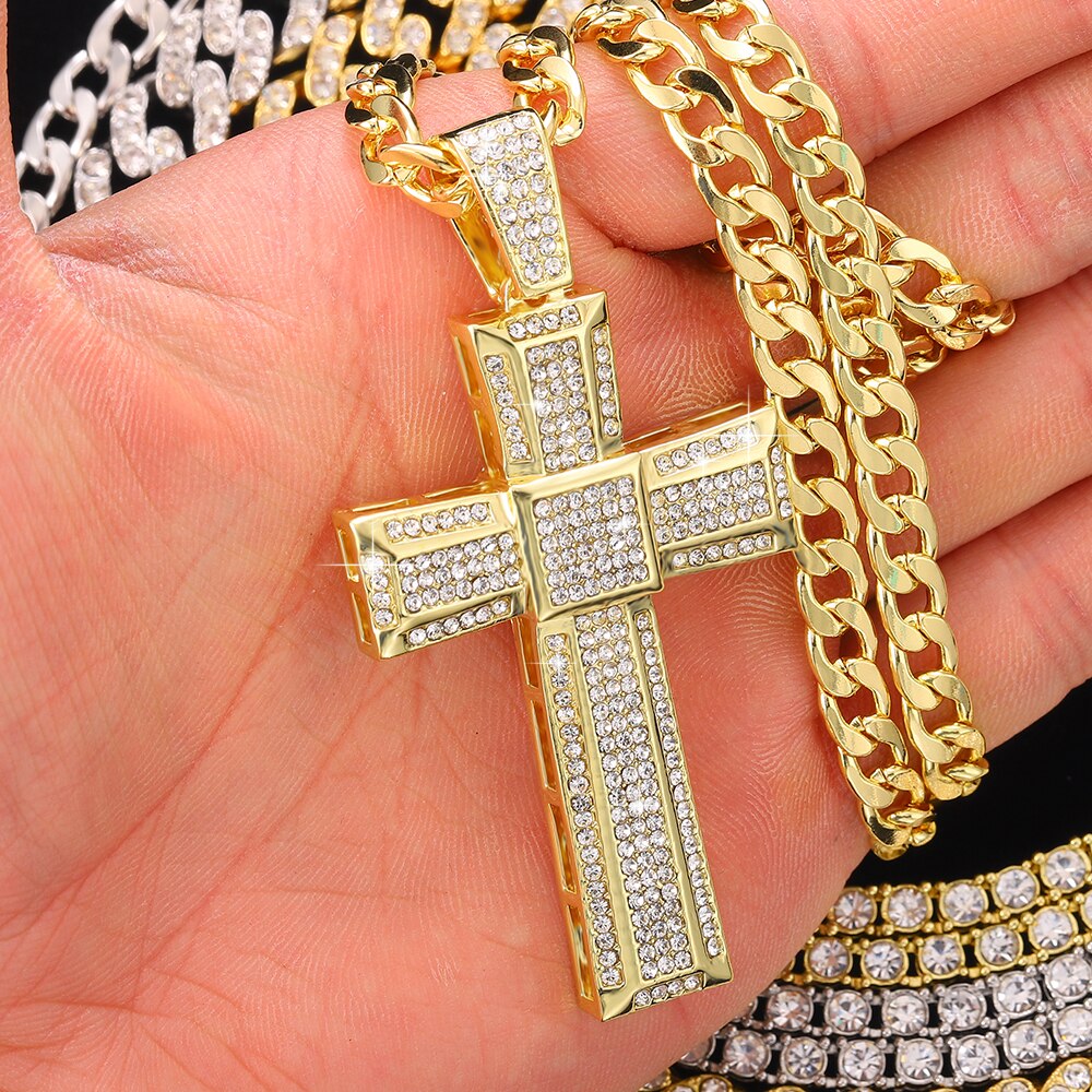 Iced Out Bling Cross Pendant Necklace Men Hip Hop 11Mm Cuban Chain Necklace