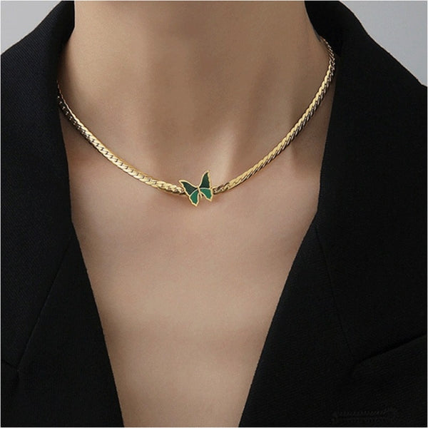 Fashion High-end Jewelry Welded Green Butterfly Charm Thick Chain Necklace