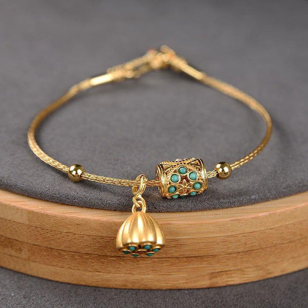 Ancient gold craftsmanship inlaid turquoise lotus with adjustable bracelet