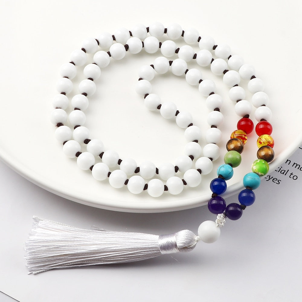 Women Bright White Color Beads Chakra Stretch Necklace