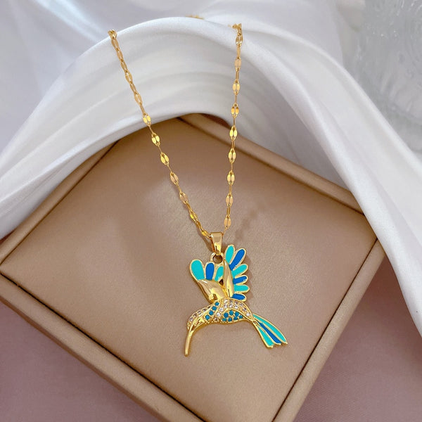 316L Stainless Steel Gold Plated Blue Woodpecker Bird Pendant Necklace For Women