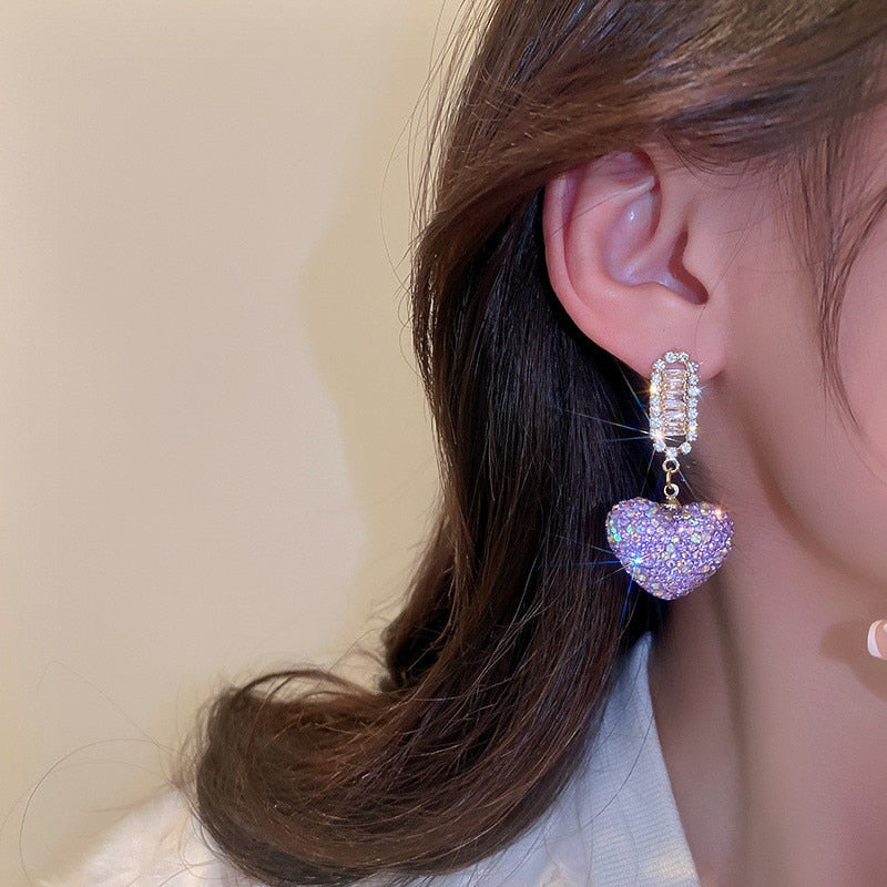 Sweet Purple Love Heart Crystal Dangle Earrings Women Shine Rhinestone Earrings