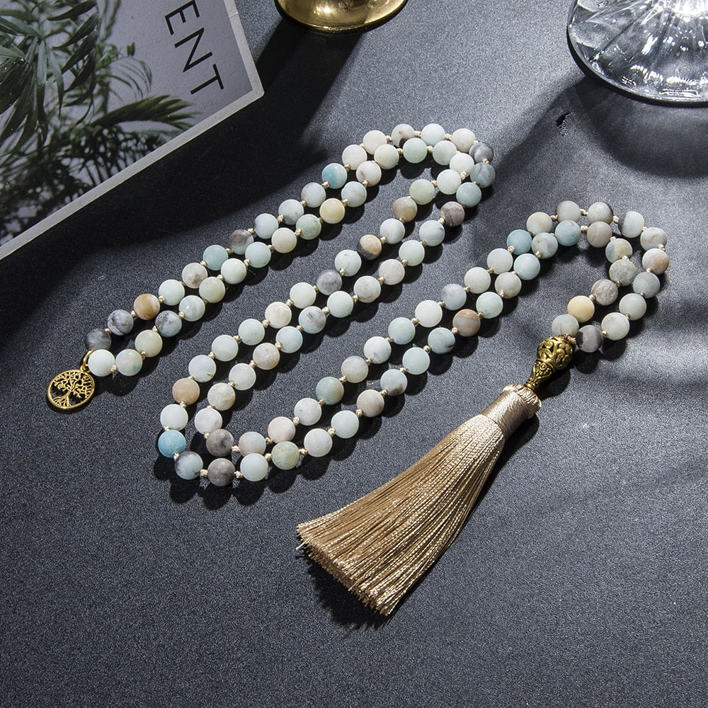 8mm Matte Amazonite Knotted Necklace 108 Mala Beads Necklace