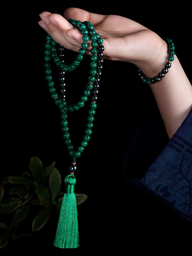 108 malachite stone beads Necklace With Cotton tassel Pendant