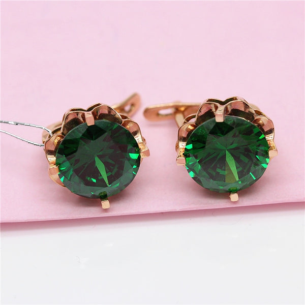 585 Purple Gold Plated 14K Rose Gold Inlaid Emerald Flower Earrings For Women