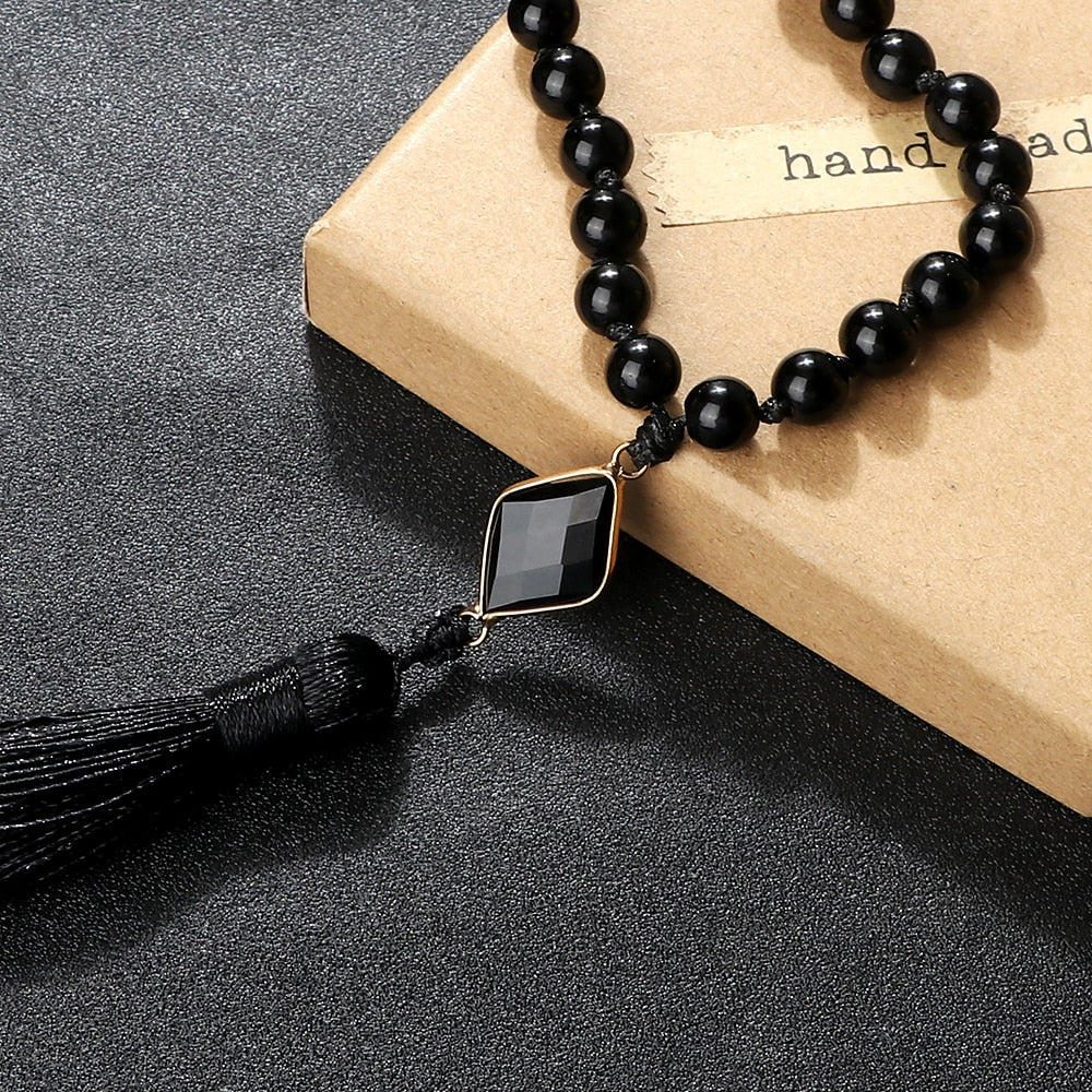 Natural Black Onyx Stone Beads Necklaces 8mm Couple Natural Stone Charm Necklaces Women