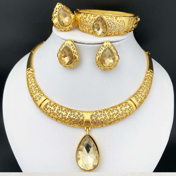 24k Brazil Gold Color Jewelry Women Necklace Earrings Big Rhinestone Pendant Charm Bracelet